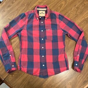 Hollister Mens Small Red Navy Blue Buffalo Plaid Button Down Shirt S